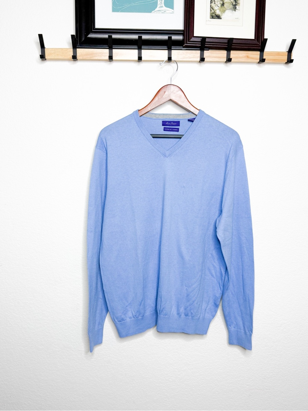 Alan Flusser Light Blue V-Neck Sweater Cotton Silk Cashmere Blend Men’s Large